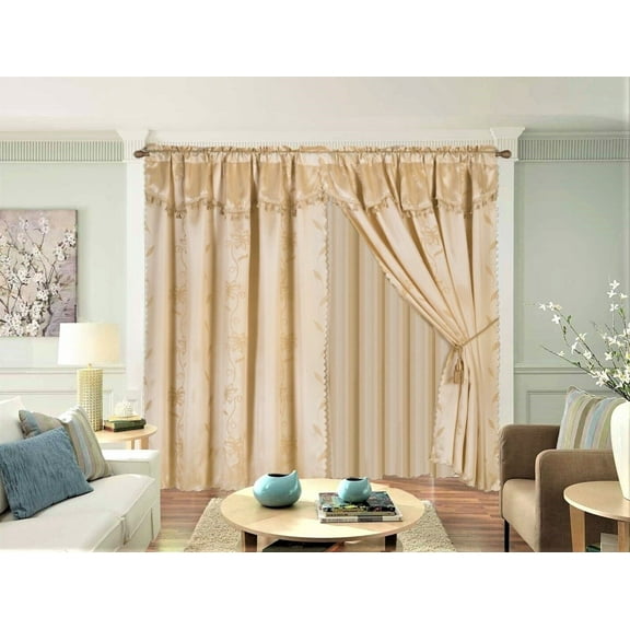 NADA Gold color 8 piece complete set window curtain panels, matching valance + tie backs top rod pocket 120" W X 84" L