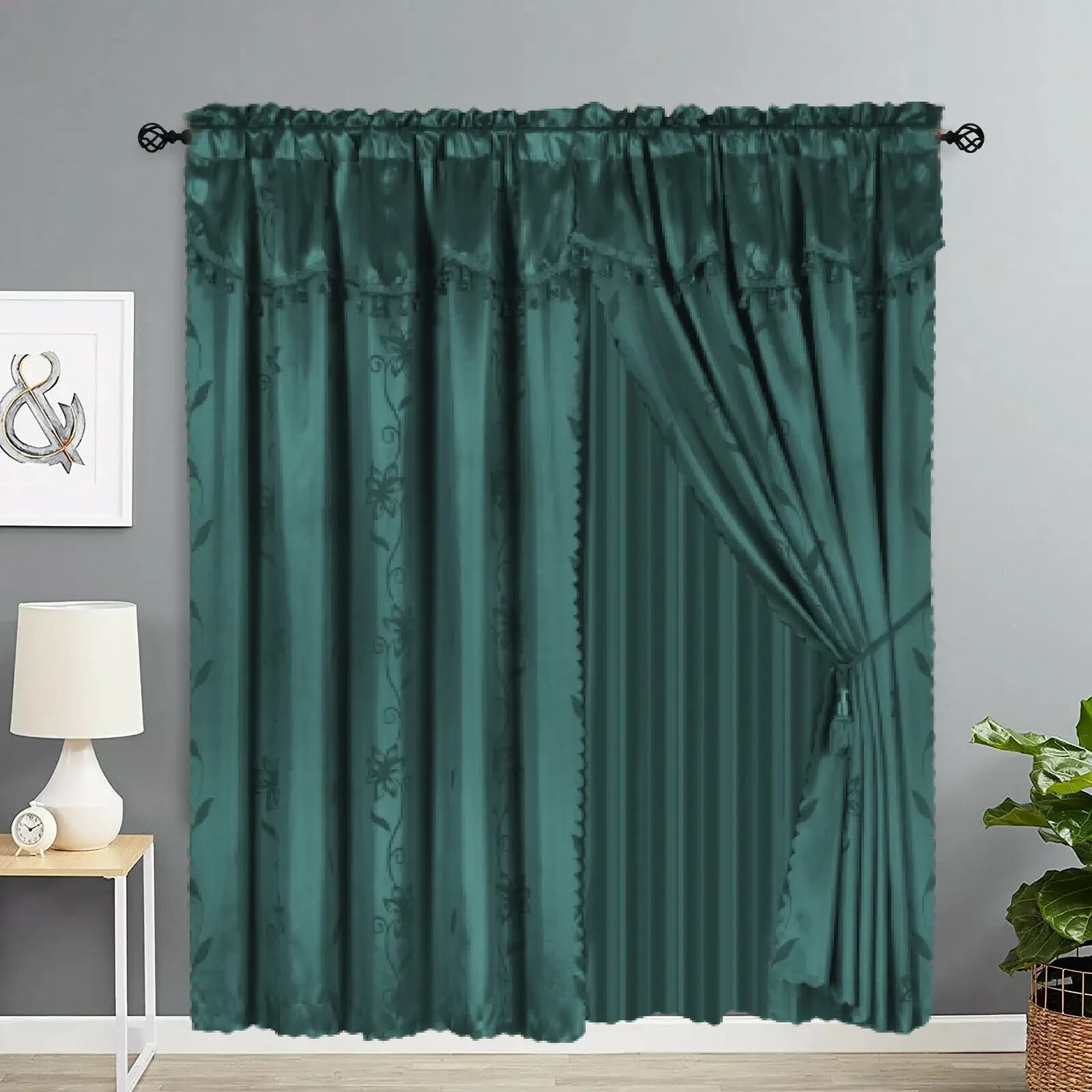Nada Hunter Green Complete Set Window Curtain Floral Faux Silk