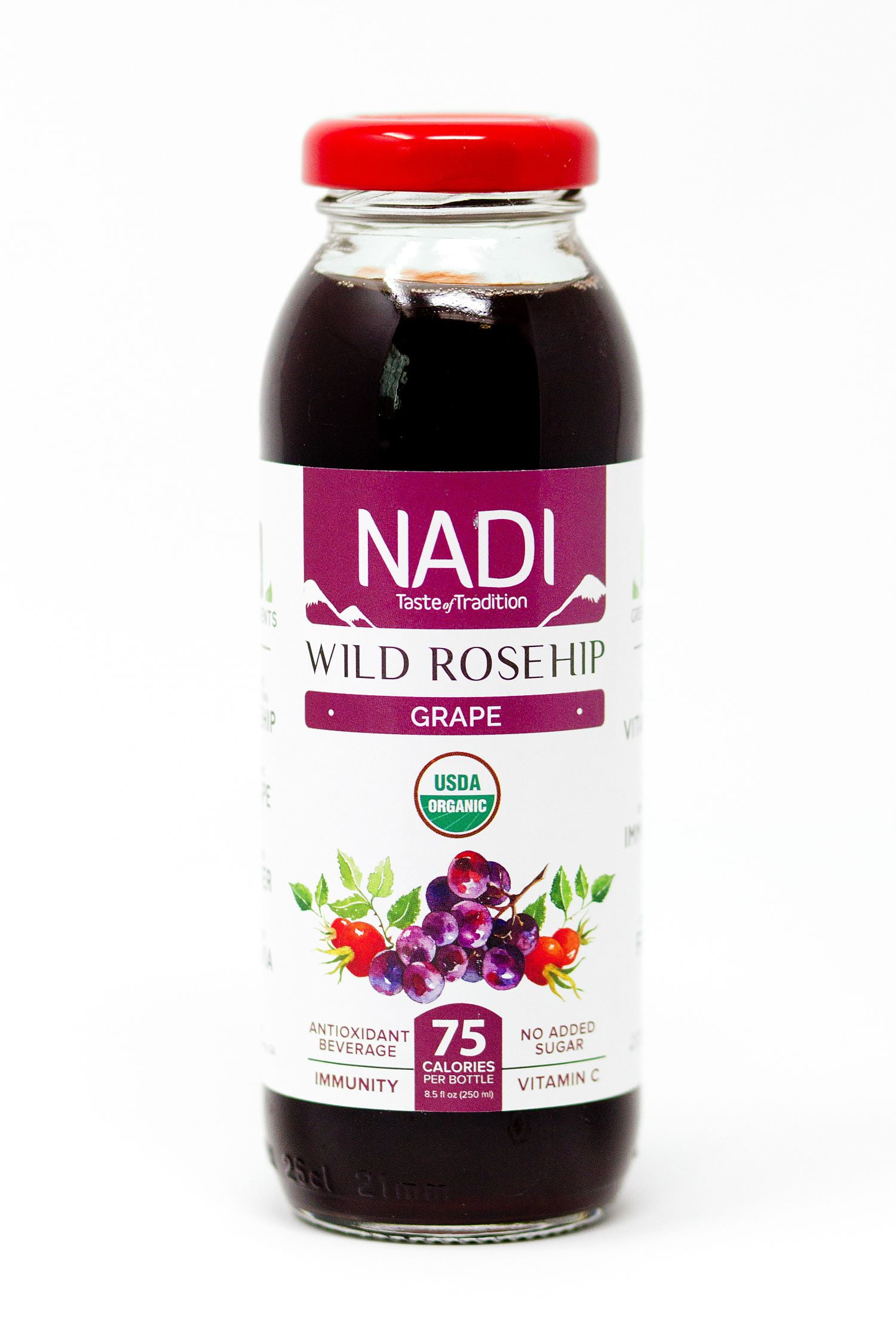 NADI - Wild Rosehip + Grape Juice - USDA Organic, Rich in Vitamin C & Antioxidants, NO added Sugar, Non GMO, Vegan, & Gluten Free (8.5 oz, 12 Pack)