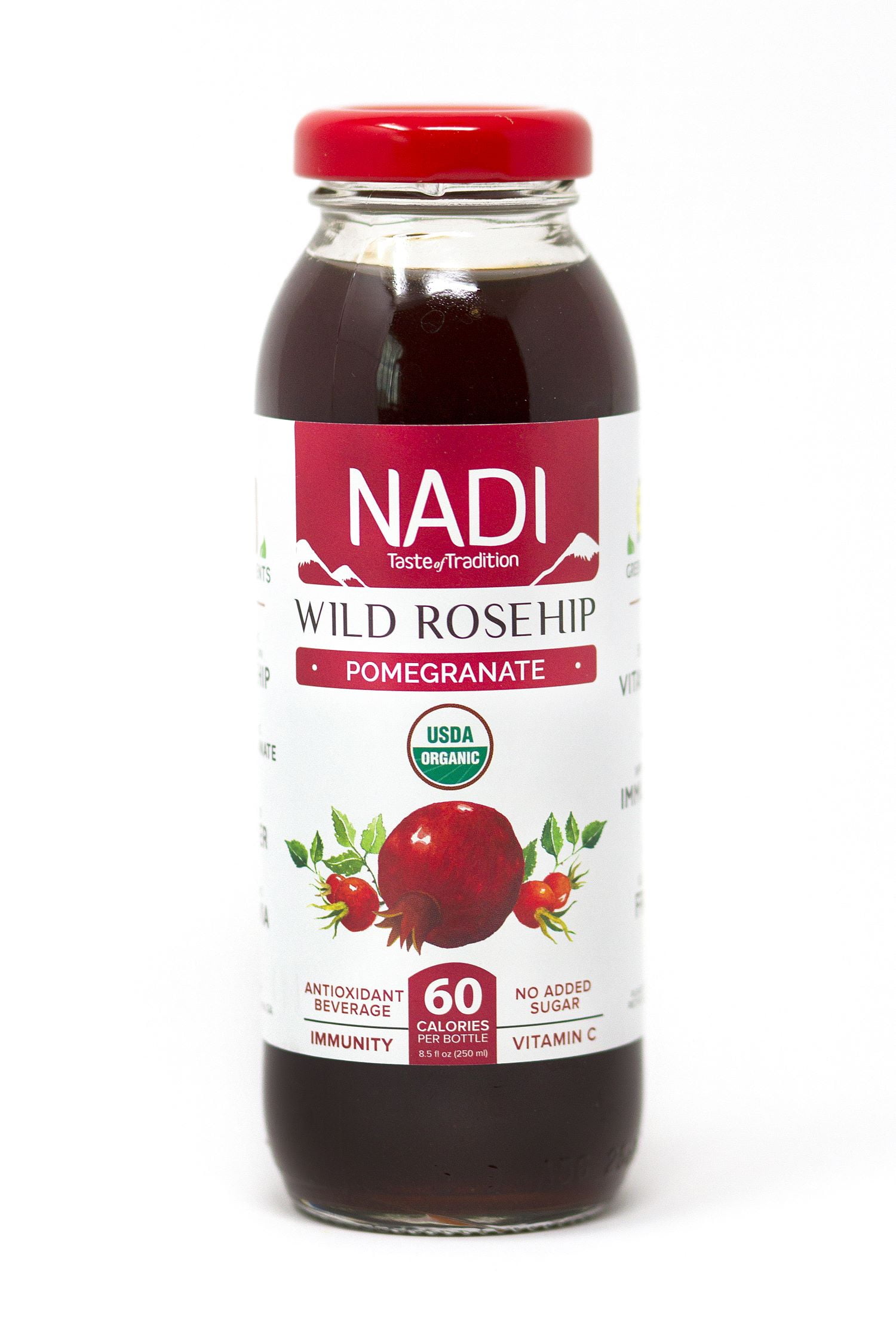 NADI - Wild Rosehip + Pomegranate Organic Juice - Powerful Immunity Booster, Rich in Vitamin C & Antioxidants - NO added Sugar, Non GMO, Vegan, & Gluten Free (8.5 oz, 12 Pack)