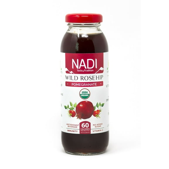 NADI - Wild Rosehip + Pomegranate Organic Juice - Powerful Immunity Booster, Rich in Vitamin C & Antioxidants - NO added Sugar, Non GMO, Vegan, & Gluten Free (8.5 oz, 12 Pack)