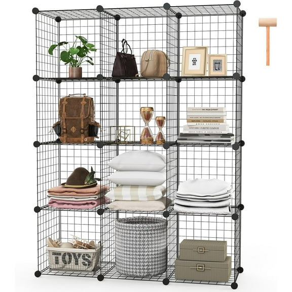 NAFORT Wire Cube Storage System, DIY Metal Grid Cube Storage Organizer with Durable Frame, Sturdy Connectors, 12-Cube Modular Grid Shelves for Books, Potted Plants, Bags, Shoes, Clothes & Coats