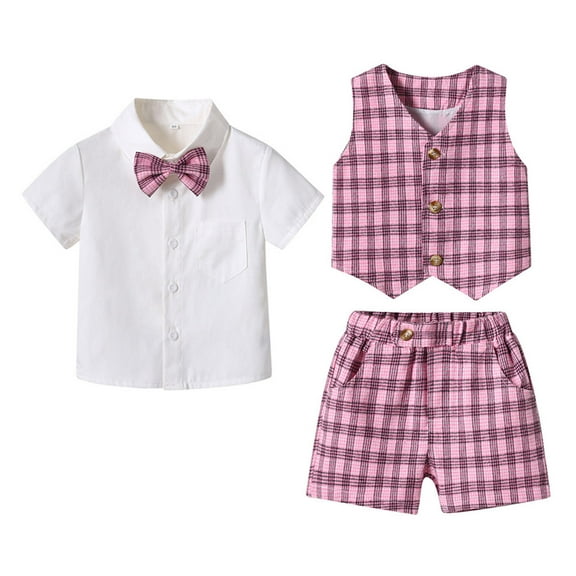 NAFUU Baby Boy Clothes Suits Toddler Boys Short Sleeve Dress Vest Shirt Bowtie Shorts Set 3Pcs Formal Wedding Gentleman Outfits Soft Fall Clothes 12-18 Months