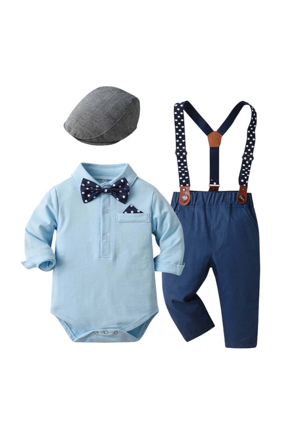 Baby Boy Dress Clothes Outfits Long Sleeve Button Down Dress Shirt Bodysuit Suspenders Pants Hat 3Pcs Set Toddler Gentleman Outfits Soft Cute Clothes 6-9 Months