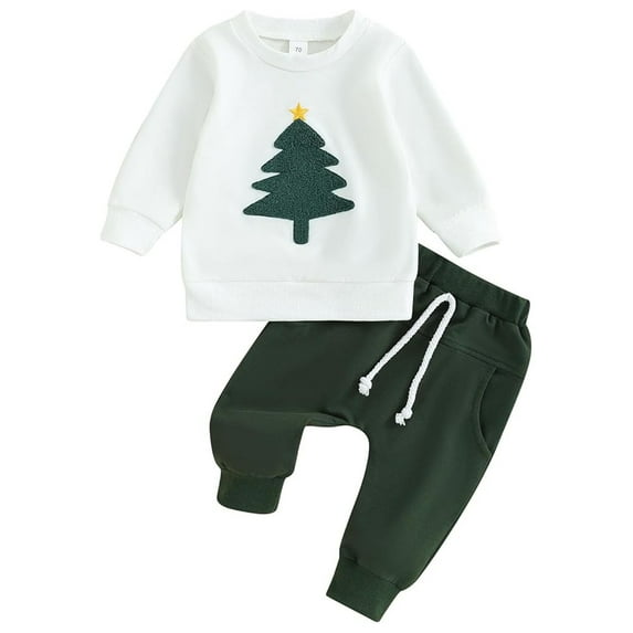 NAFUU Baby Boy Girl Christmas Outfit Cute Embroidery Long Sleeve Crewneck Sweatshirt And Pants Two Piece Set Toddler Boys Casual Outfit Vintage Outfits 3-6 Months