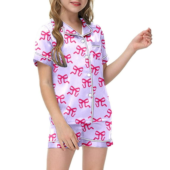 NAFUU Baby Girl Christmas Outfit Girls Pajamas 2 Piece Sets Graphic Print Short Sleeve Button Down Shirt And Shorts Set Kids Soft Sleepwear 5-6 Years