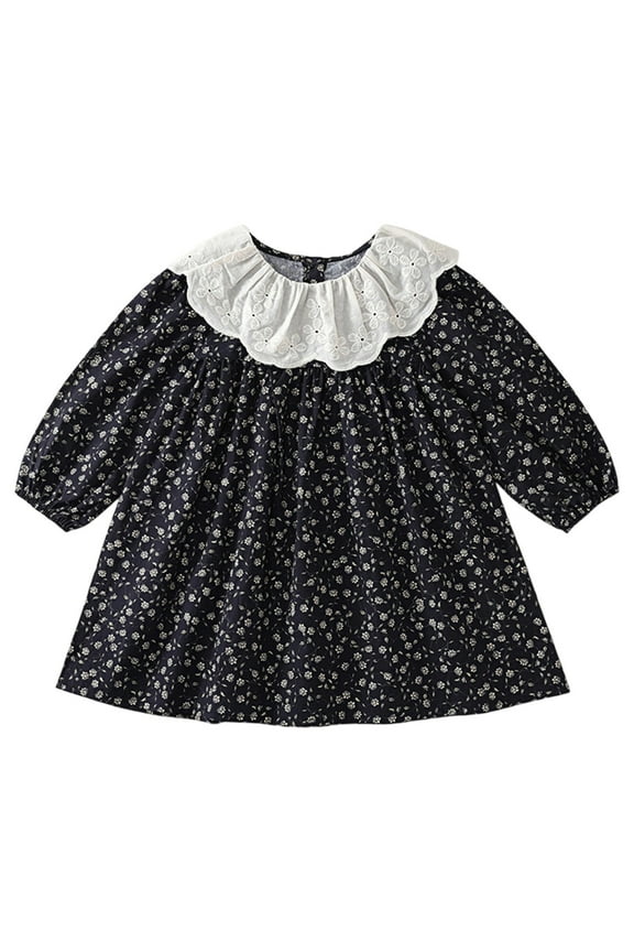 Baby Girls Dress Multicolor Lace Peter Pan Collar Casual Floral Long Sleeve Dresses For Toddler Kids Spring Autumn Outfit Summer Dresses For Girls,Black,7-8 Years