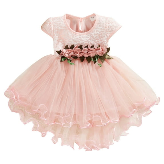 NAFUU Baby Girls Dress O-Neck Short Sleeve Flowers Floral Ruched Princess Clothes Casual Dresses For Girls Sizes 12-18 Months