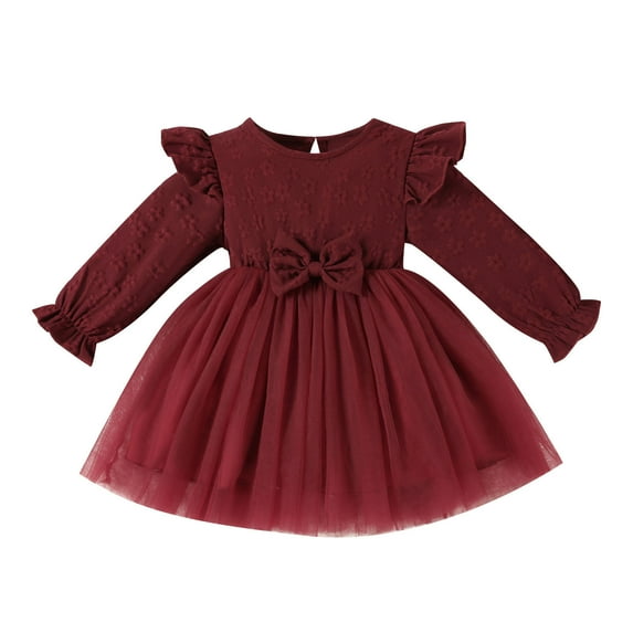 NAFUU Kid Girls Dress Solid Color Mesh Crew Neck Toddler Long Sleeve Floral Dresses Party Dance Dresses Tween Girls Dresses Formal,Red,3-6 Months