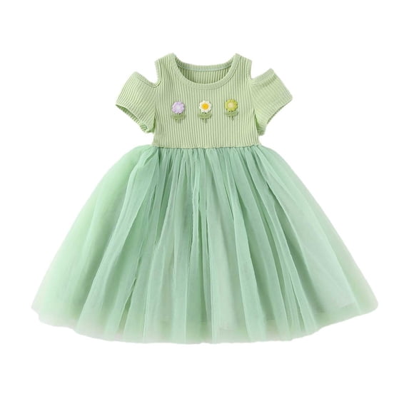 NAFUU Baby Girls Dress Toddler O-Neck Solid Color Short Sleeve Floral Holiday Mesh Dance Princess Party Dresses For Girls Sizes 18-24 Months