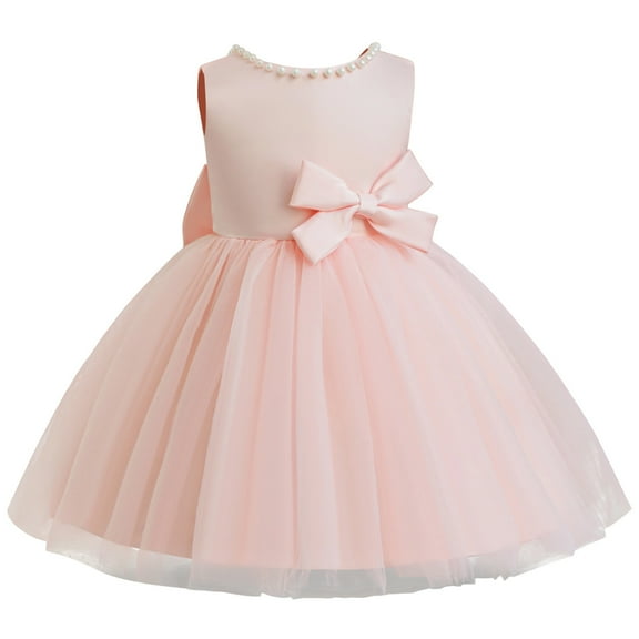 NAFUU Baby Girls Dresses Flower Girl Dress V Back Sleeveless Formal Dress Cute Bowknot Princess Pageant Dress With Pearl Tulle Wedding Gown