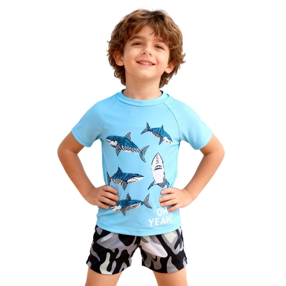 NAFUU Baby Girls Swimsuit Two-Piece Bkini Set Cute Print Short Sleeve Top And Swim Shorts Summer Outfit For Kids Swimwear Tankini For Sizes 5-6 Years