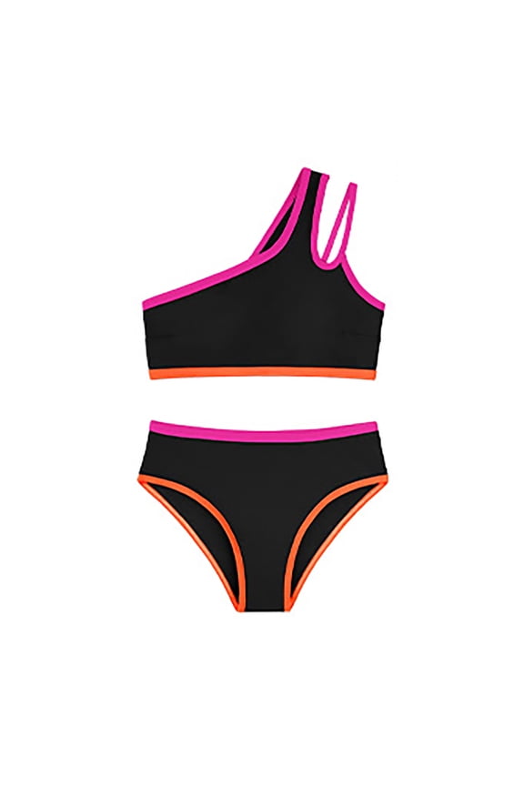 Baby Girls Swimsuit Two Piece One Shoulder Solid Color Bikini Swim Dress For Kids Swimwear Sizes 9-10 Years