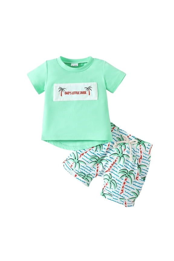 Boy's 2 Piece Outfits Short Sleeve Cartoon Coconut Tree Prints O-Neck T Shirt Pullover Tops And Shorts Soft Casual Set Boys Outfit Sets 3-4 Years