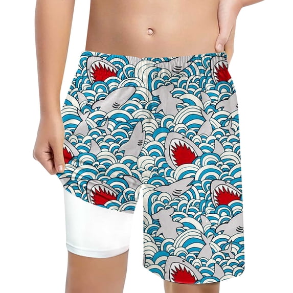 NAFUU Boy's Swim Trunks Cartoon Shark Print Swimming Shorts With Lace Up High Waisted Loose Fit Casual Boys' Swimwear Sets Sizes 14-16 Years
