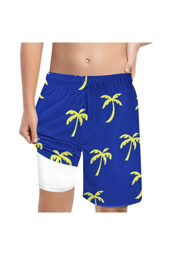 Boy's Swim Trunks Coconut Tree Print Swimming Shorts With Lace Up High Waisted Loose Fit Casual Swimsuit For Boys Sizes 10-12 Years