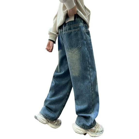 NAFUU Boys Baggy Jeans Trendy Elastic Waist Wide Leg Jeans Loose Fit Denim Pants Fashion Straight Regular Fit Stretch Denim Trousers Vintage Streetwear Comfort Trousers 8-9 Years