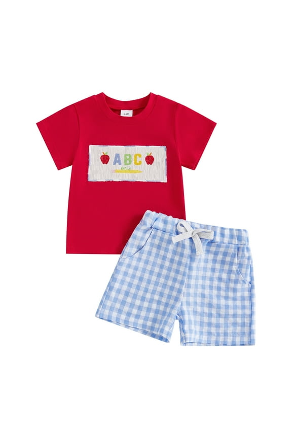 Boys Clothing Sets Crew Neck Short Sleeve Summer Outfit Apple Print T-Shirt With Checkered Shorts Sets For Toddlers Comfortable Playwear Casual Teen Outfits Kids Clothing Set Sizes 3-4 Years