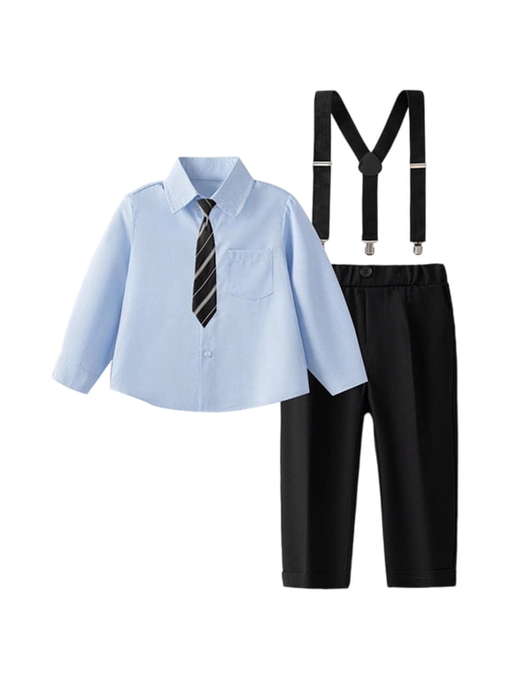 Boys Long Sleeve Shirts Button Down Dress Shirt And Suspender Pants Outfits Set Kids School Formal Wear Performance Suit Dailywear Temperament Suit 12-13 Years