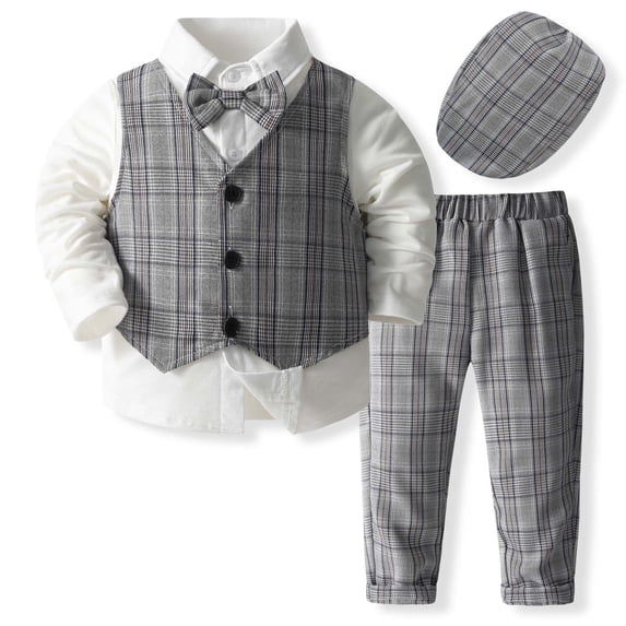 NAFUU Boys Outfits Set Solid Color Lapel Long Sleeve Infant Suits Tuxedo Gentleman Formal Dress Shirt And Vest And Pants Suit Sets Lovely Home Vacation Outfits For Boys,Grey,3-4 Years
