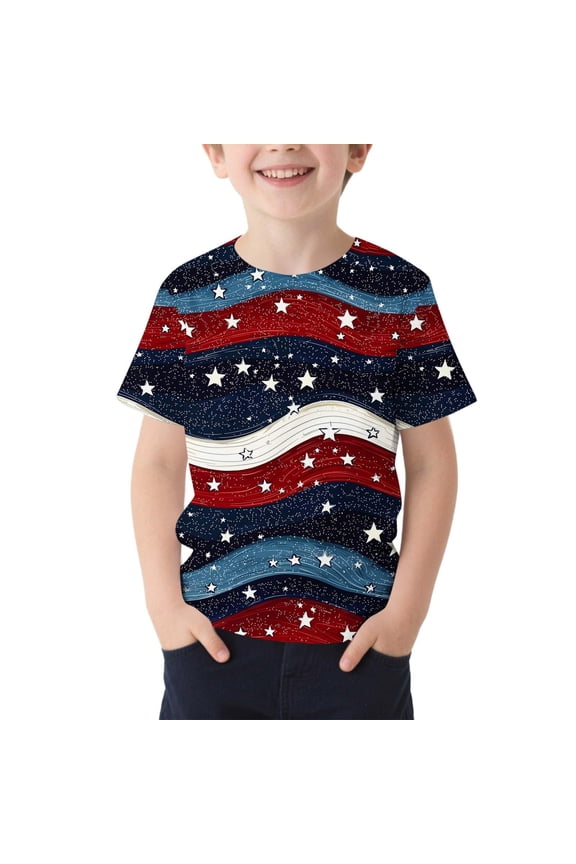 Boys Short Sleeve T Shirts Patriotic Graphic O-Neck Tee Shirt For Kids 4th Of July Celebration Comfortable Casual Top Holiday Baby Boy Clothes 10-11 Years