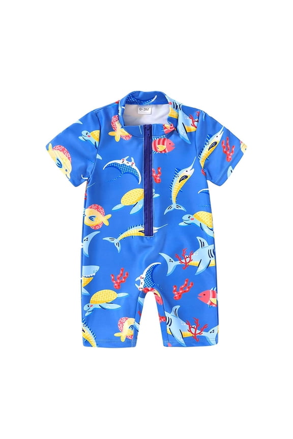 Boys Swimsuit Rash Guard Short Sleeve Cartoon Prints Sunsuits Sun Protective Bathing Suits Swim Wear For Baby Boy Sizes 0-3 Months