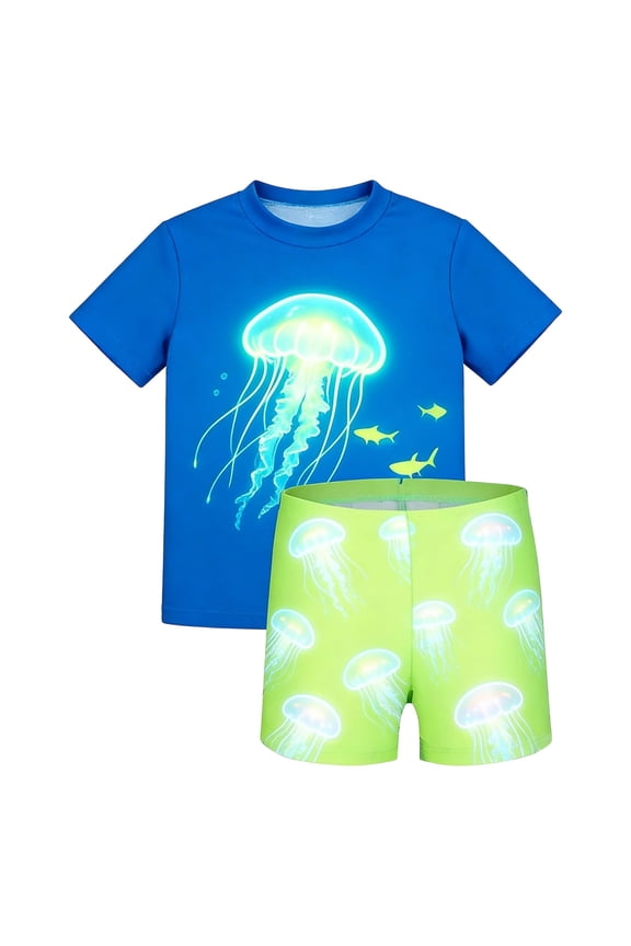 Boys Two Piece Swimsuits Set Short Sleeve Swimwear Cartoon Print For Kids Swim Shirt And Trunks Sun Beachwear Plus Size Bathing Suit For Boys Sizes 3-4 Years
