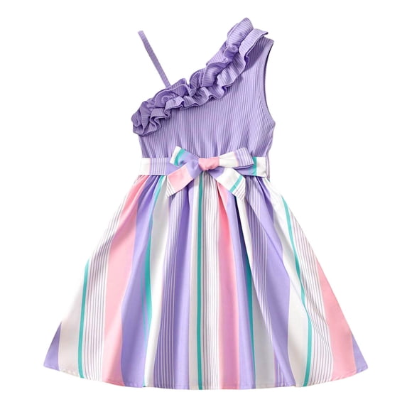 NAFUU Casual Girls Dresses Kids One Shoulder Sleeveless Spaghetti Strap Floral Lace Waistband Colorful Striped Holiday Party Dresses For Girls Sizes 9-10 Years