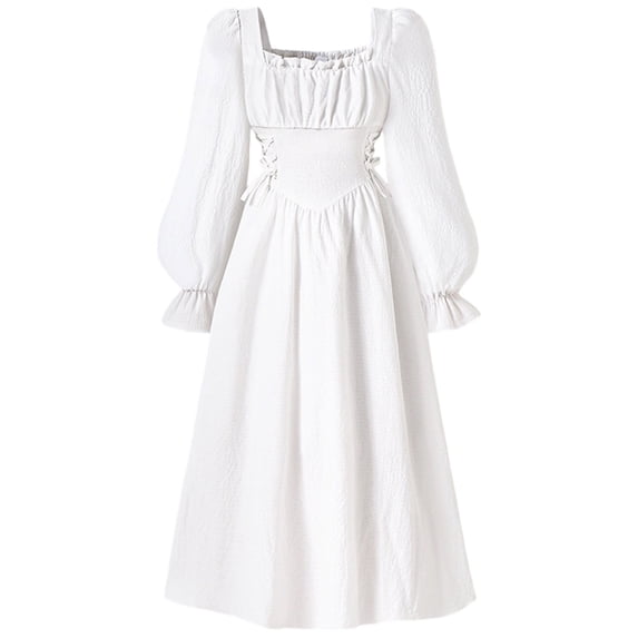 NAFUU Baby Girls Dress Solid Color Square Collar Tight Dresses Square Collar Puff Sleeves Gentle Elegant Waistline Tween Girls Dresses,White,8-9 Years