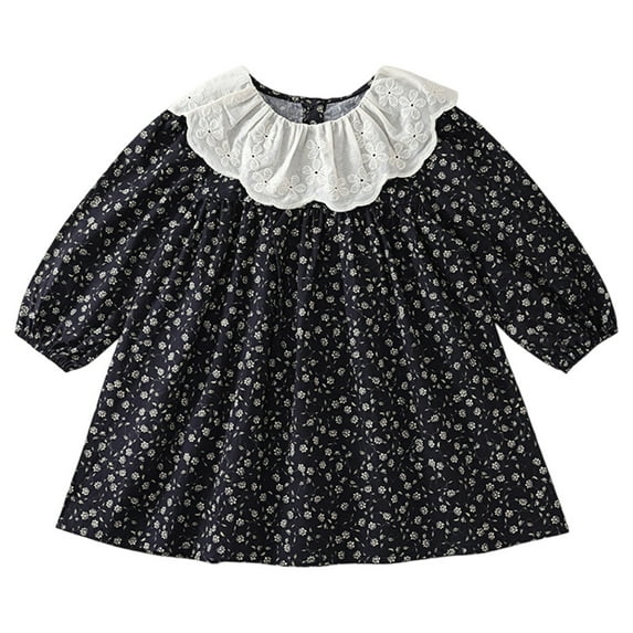NAFUU Child Girls Dress Multicolor Lace Peter Pan Collar Casual Floral Long Sleeve Dresses For Toddler Kids Spring Autumn Outfit Flower Girl Dress,Black,3-4 Years