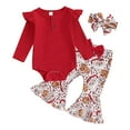 thumbnail image 1 of NAFUU Christmas Baby Girl Clothes Girls Santa Print Ribbed Long Sleeve Romper Tops Bell Bottom Pants Headband 3 Pcs Clothes Set 0-3 Months, 1 of 5