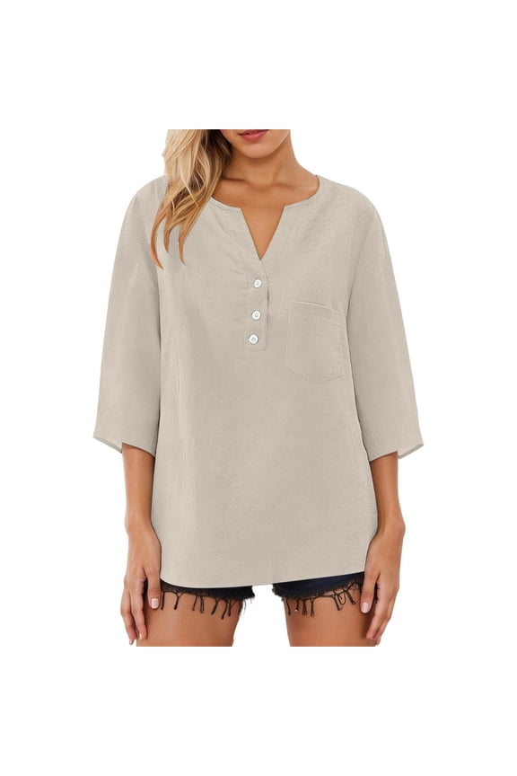 Cozy Women T-Shirts Crew Neck Casual Solid Color Loose Fitting With Buttons And Three Quarter Sleeves Baby Tees For Women,Beige