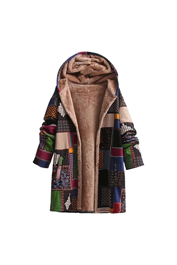 Ethnic Pattern Jackets for Women Patchwork Hooded Lined Coats Ethnic Style Cardigan Outerwear Winter Cozy Warm Long Jacket Women Warm Coats