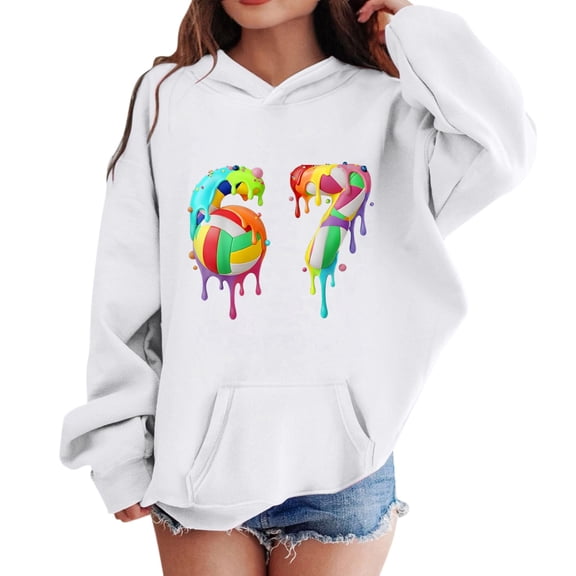 NAFUU Fashion Girls Hoodies Kids Graphic Print Hooded Sweatshirt With Front Pocket 67 Hoodie Pullover Long Sleeve Tops Trendy Clothes 5-6 Years