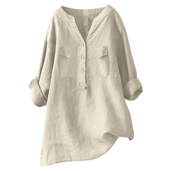 NAFUU Females Blouse V-Neck Classic Button Down Long Sleeve Solid Color With Pocket Pointed Collar Blouses For Women Dressy Casual