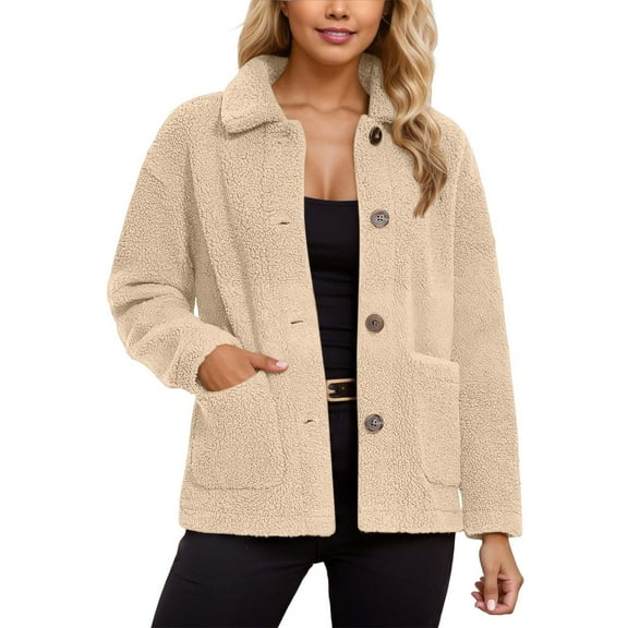 NAFUU Jackets for Women Fashion Button Down Fuzzy Jacket Long Sleeve Teddy Coat Winter Warm Outwear With Pockets Casual Coat