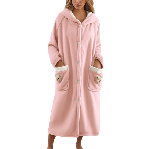 NAFUU Fleece Robes For Women Flannel Hooded Bathrobe Winter Bear Print Cozy Fleece Loungewear Long Shawl Collar Robe Sleepwear Nightwear Cute Loungewear Sets