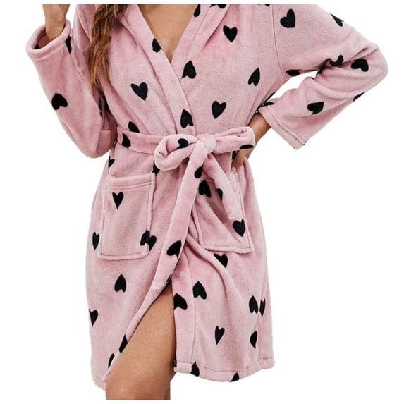 NAFUU Robes For Women Nightgown Cozy Bathrobe With Belt Thickened Autumn Winter Heart Print Flannel Robe Bathrobes Sleepwear Cozy Home Wear Leisure Jammies