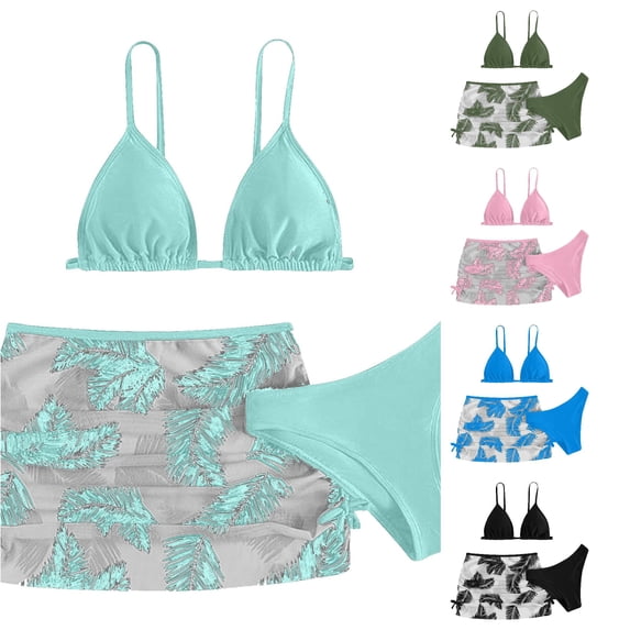 NAFUU Girl'S 3 Piece Swimsuits Solid Color Bikini Sets With Tropical Printed Mesh Skirt Bathing Suit Girls Bikini Swimsuit Summer Beach Swimwear Set 9-10 Years