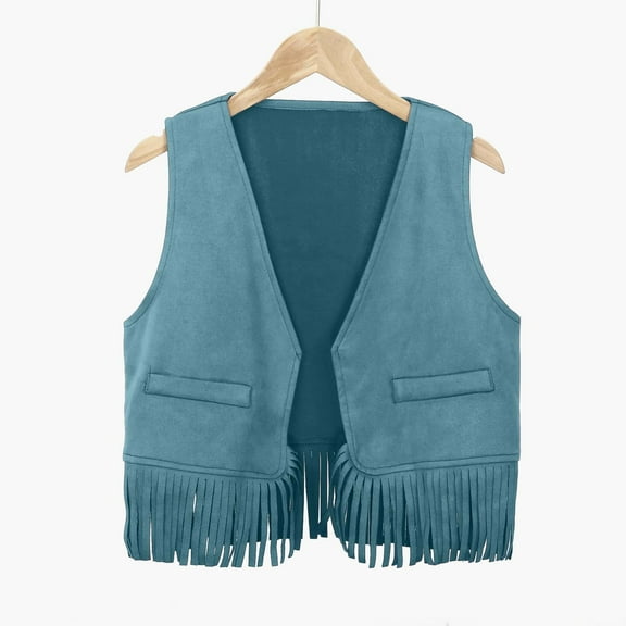 NAFUU Girl's Cute Vest Sleeveless Fringe Vests Cowgirl Vest Jacket Cardigan Trendy Fall Outerwear Girls Tassel Vest Top 9-10 Years