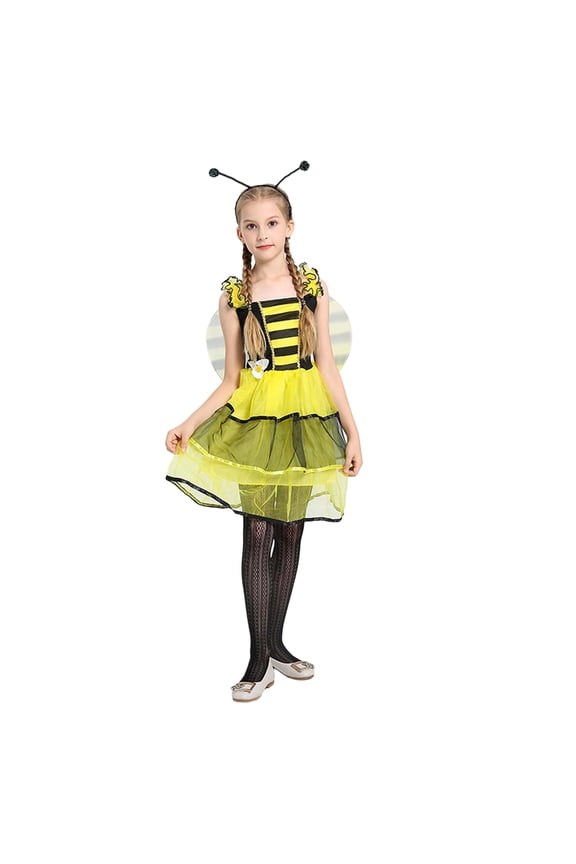 Girl's Loose Dress Short Sleeve Square Collar Bee Fairy Play Pretend Outfit Performance Party Elegant Dresses For Girls Sizes 5-6 Years