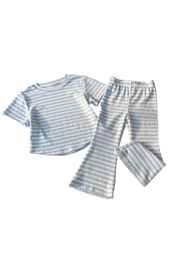 Girls 2 Piece Outfits Short Sleeve O-Neck Striped T Shirt Tops And Flared Pants Summer Casual Clothing Set Breathable Vacation Outfits For Girls 12-18 Months