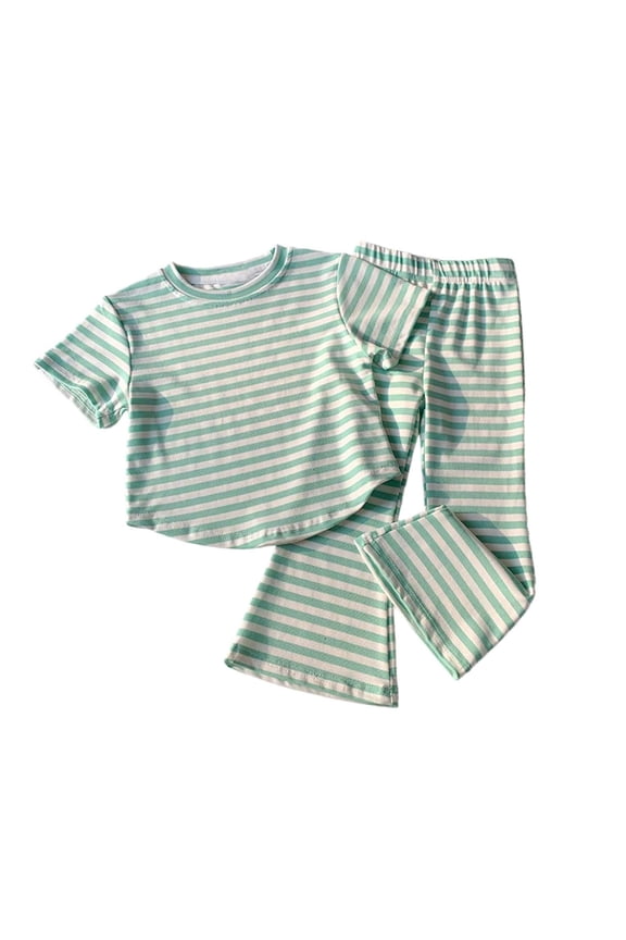 Girls 2 Piece Outfits Short Sleeve O-Neck Striped T Shirt Tops And Flared Pants Summer Casual Clothing Set Trendy Festival Outfits For Girls 12-18 Months