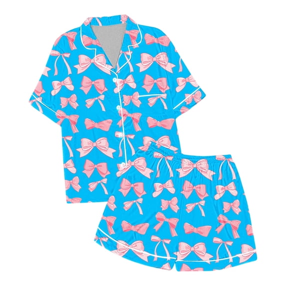 NAFUU Girls 2 Piece Outfits Summer Bow Tie Print Short Sleeve Lapel Shirts With Pocket And Shorts Comfortable Breathable Sleep Set Girl's Athletic Clothing Sets 10-11 Years