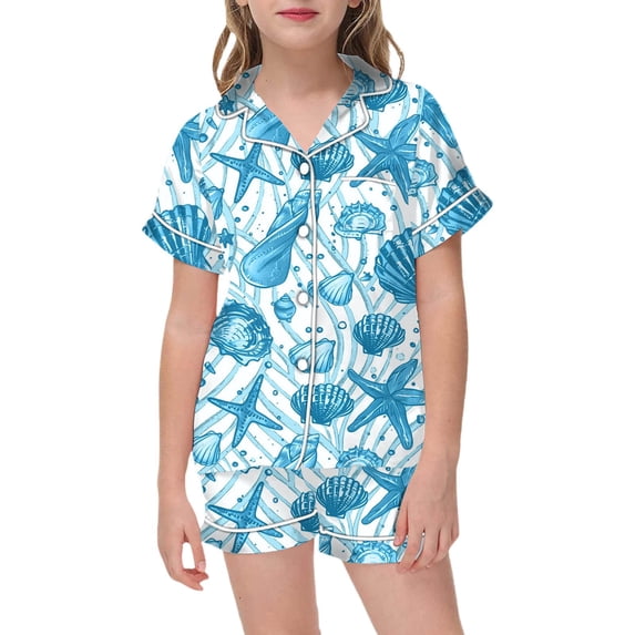NAFUU Girls 2 Piece Outfits Summer Sets Sea Animal Print Short Sleeve Lapel Shirt And Shorts Sleep Set Girl's Athletic Clothing Sets Sizes 2-3 Years
