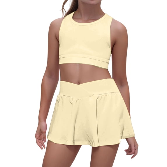 NAFUU Girls 2 Piece Outfits Summer Solid Color O-Neck Vest And Skirt Casual Sports Clothes Stretchy Waist Playwear Outfits For Girls S