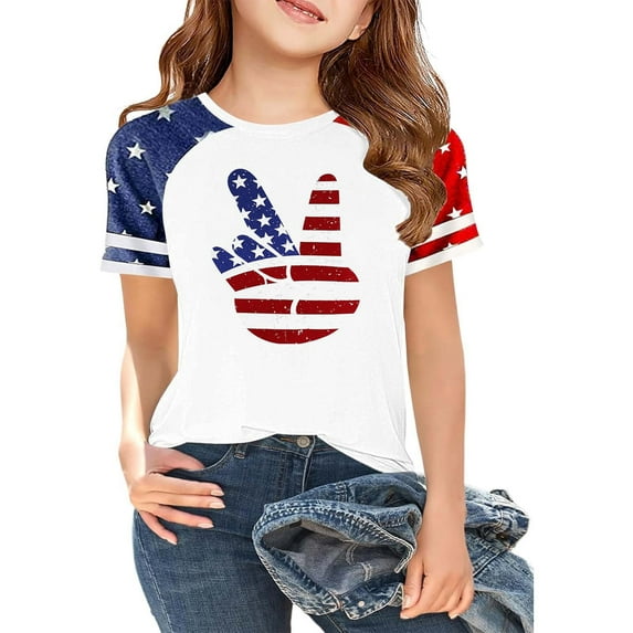 NAFUU Girls 4th of July T-Shirt Independence Day Summer Short Sleeve T Shirts Trendy Kids Comfort Casual Round Neck Tees 3-4 Years