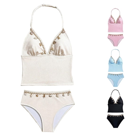 NAFUU Girls Bikini Swimsuit Two Piece Bathing Suits Halter Neck Tankini Top With Bikini Bottoms Beach Pool Party Wear Kids Summer Swimwear Sets 13-14 Years