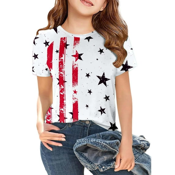 NAFUU Girls Casual T Shirts Kids Tee Shirts For Girl 4Th Of July Shirts Independence Day Summer Short Sleeve Tshirt Tops 4-5 Years