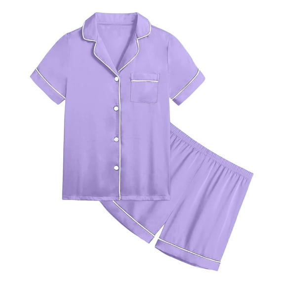 NAFUU Girls Clothes 2 Piece Outfits Girls Solid Color Short Sleeve Button Down Shirt And Shorts Soft Sleepwear Casual Loungewear Outfits 2-3 Years